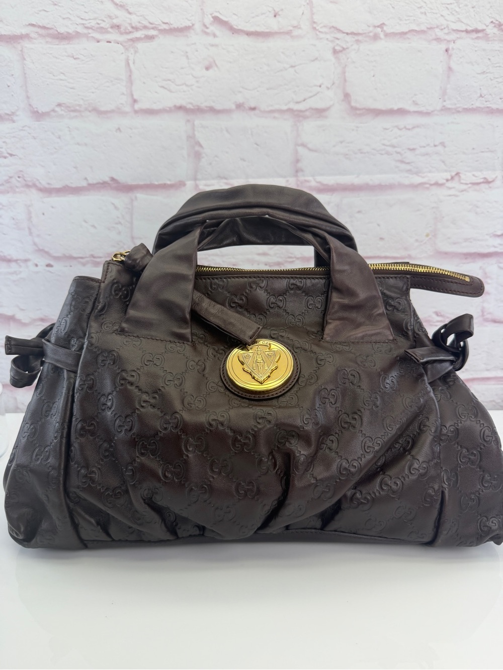 Gucci Hysteria Guccissima Dark Brown Satchel with Gold Medallion